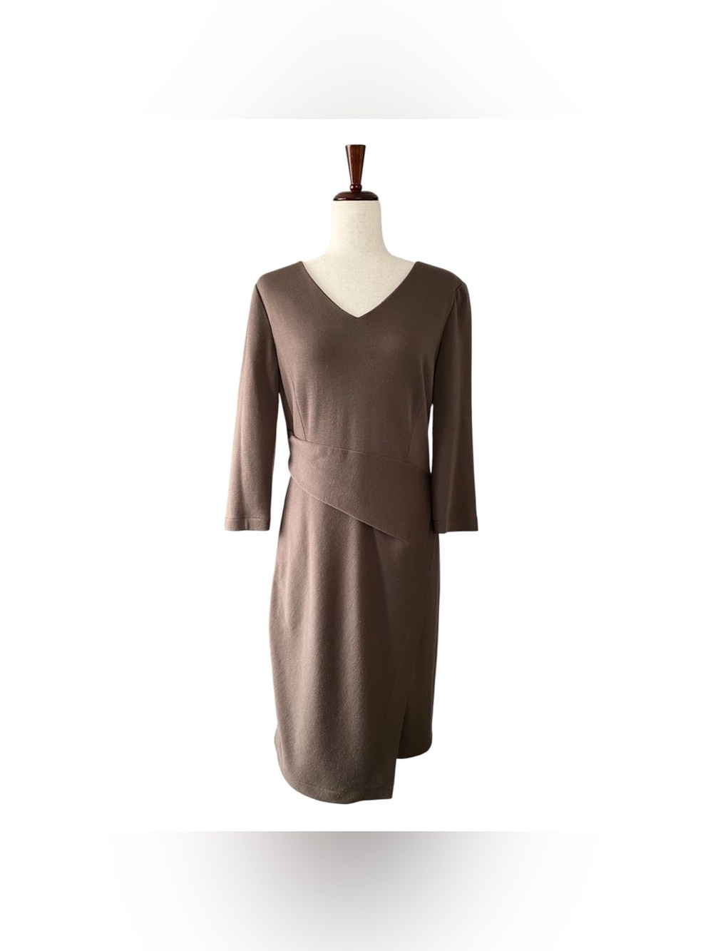 Lafayette 148 New York Brown 3/4 Sleeve Wool V-Neck Wrap Waist Dress Size 10